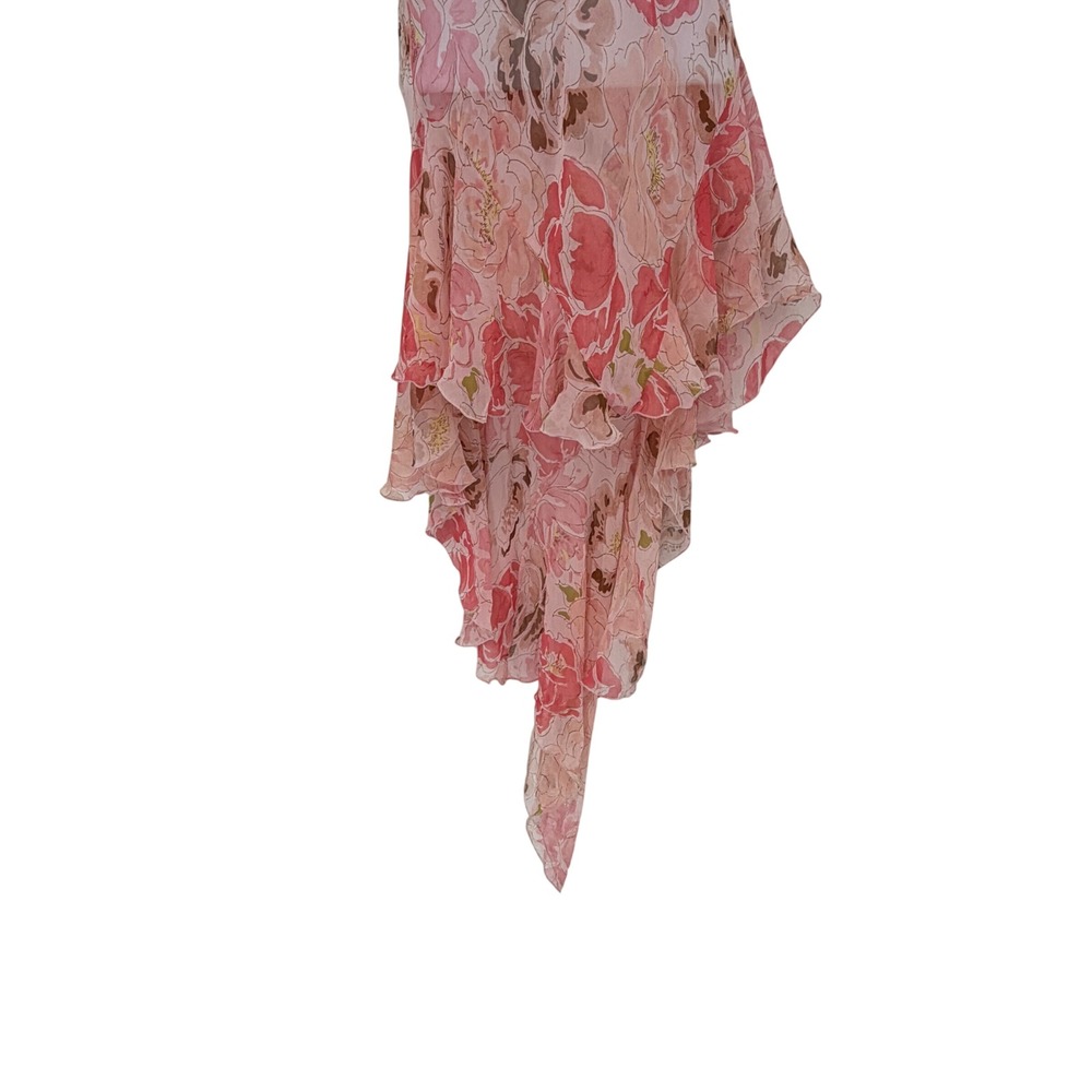 Pink Floral Halter Neck Asymmetrical Ruffle Hem Chiffon Dress Y2K Fairycore - Picture 4 of 5